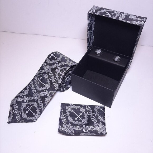 NEW 3-Pc Boxed Gift Tie Set Coordinated Print Cuff Links Pocket Square - Picture 2 of 6